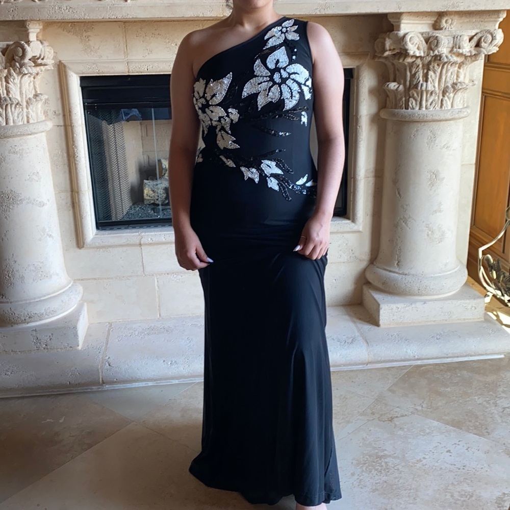 Tadashi Shoji Black and White One Shoulder Dress